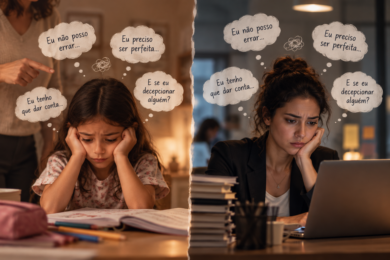 Imagem dividida entre uma menina sendo cobrada enquanto estuda e uma mulher adulta sob pressão no trabalho, ambas com pensamentos relacionados ao medo de errar e à necessidade de corresponder às expectativas.
